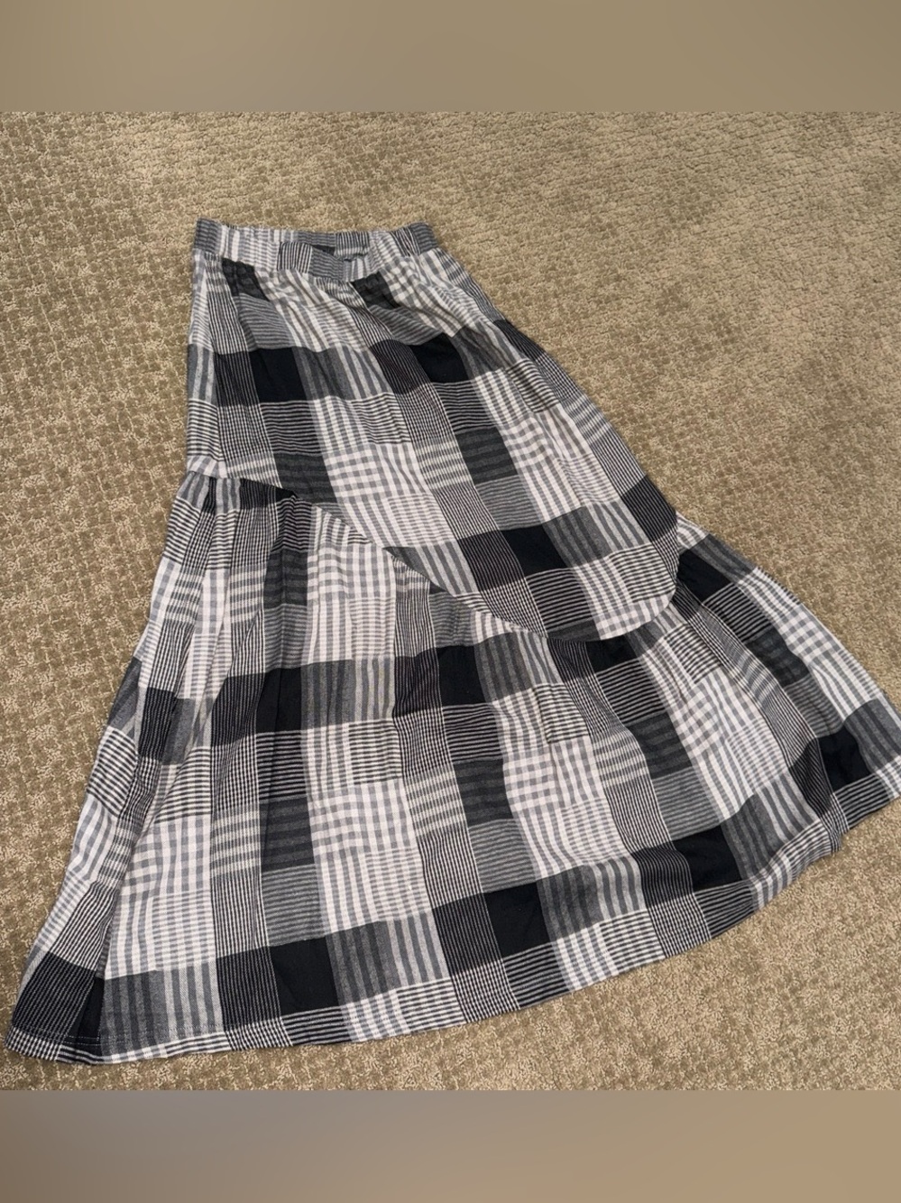 Women’s’ Black & White Plaid Tiered Maxi Skirt